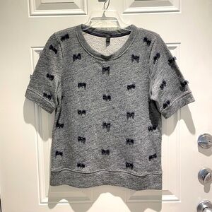 J. Crew Mini Bows Gray Sweatshirt Blouse Small, Navy Blue Terry Cloth Like NEW